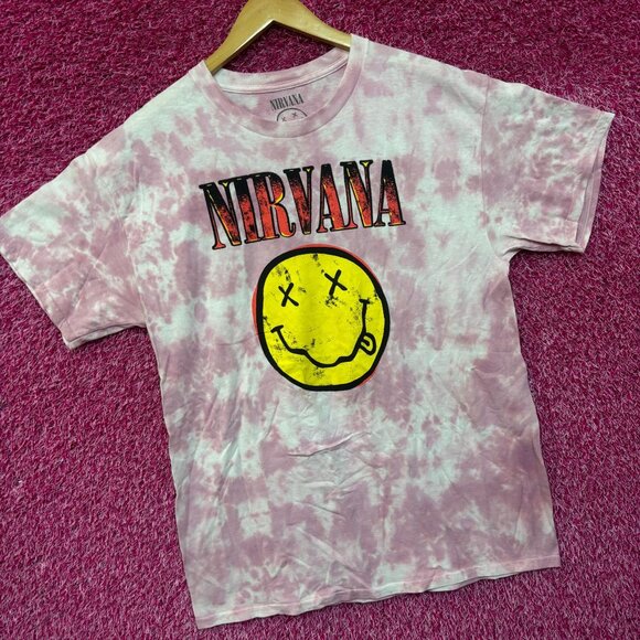 Nirvana Never Mind Smiley Face Pink Tie Dye Tshirt Size Large - Picture 3 of 4